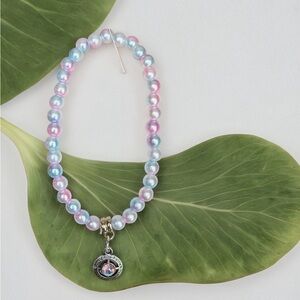 Hand Crafted Pastel Pink & Blue Iridescent Pearl Necklace with Charm